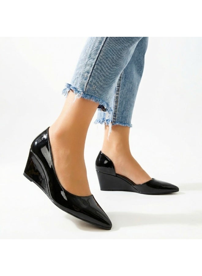 لايف ستيلاش  أحذية ويدج  جلد لامع W-320 - أسود - Image 1